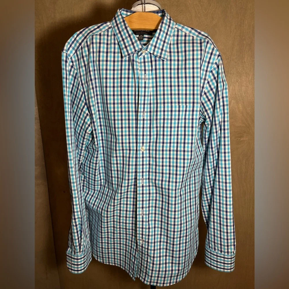 Banana Republic Shirt Mens M Blue Check Long Sleeve Slim Fit Non-Iron